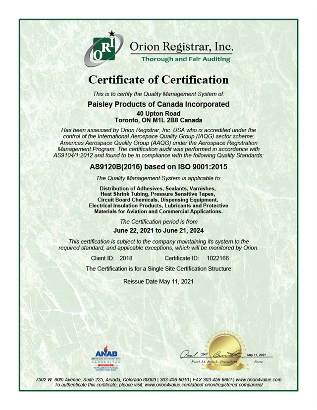 Certification Paisley Products Of Canada Inc